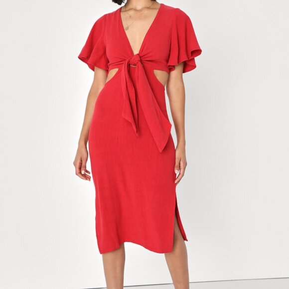 Lulus Summer Journey Red Tie-front Cutout Midi Dress - Size S - Picture 1 of 4